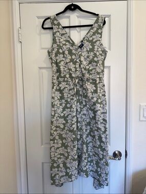GAP Olive Sage Floral Tie-Front Midi Dress